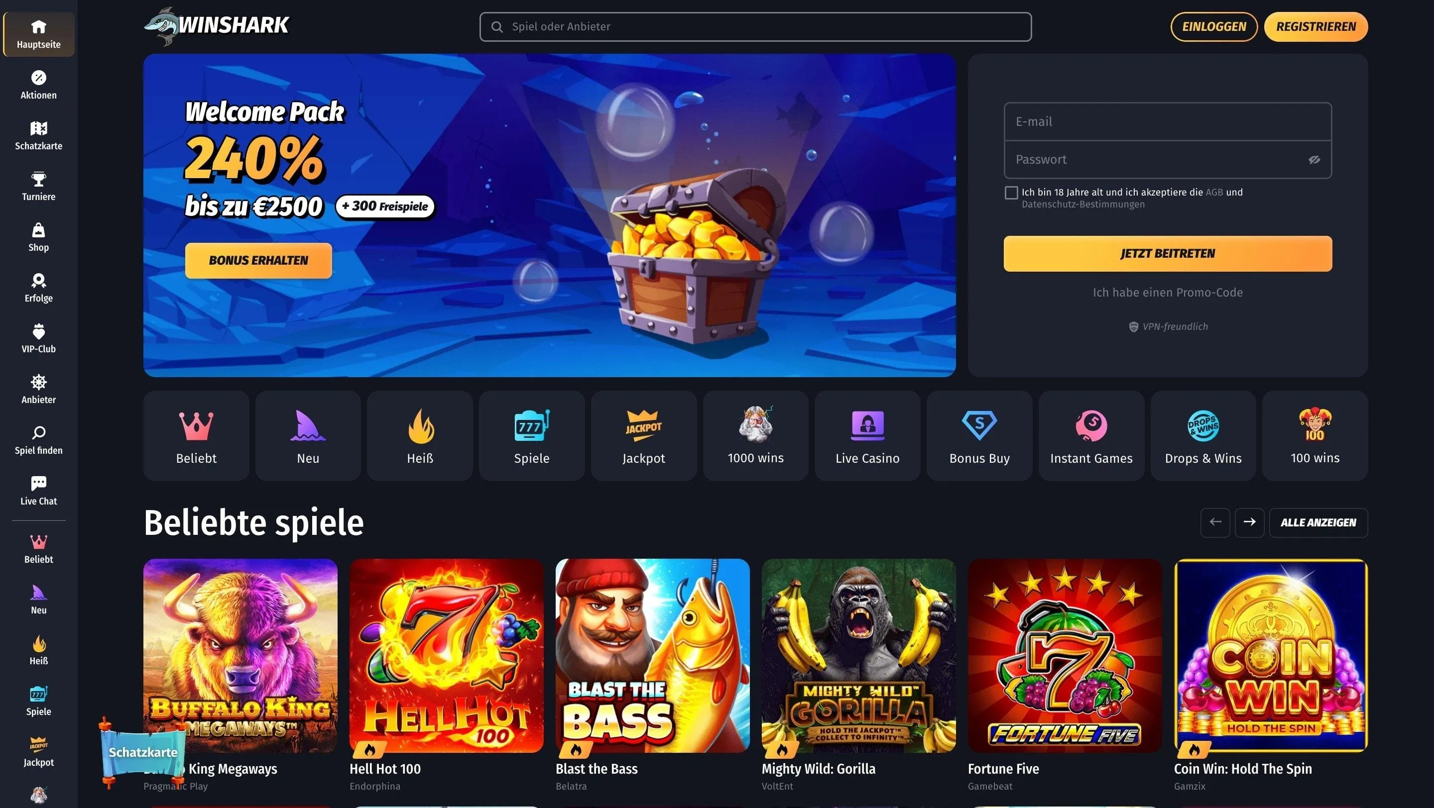 WinShark Casino Startseite